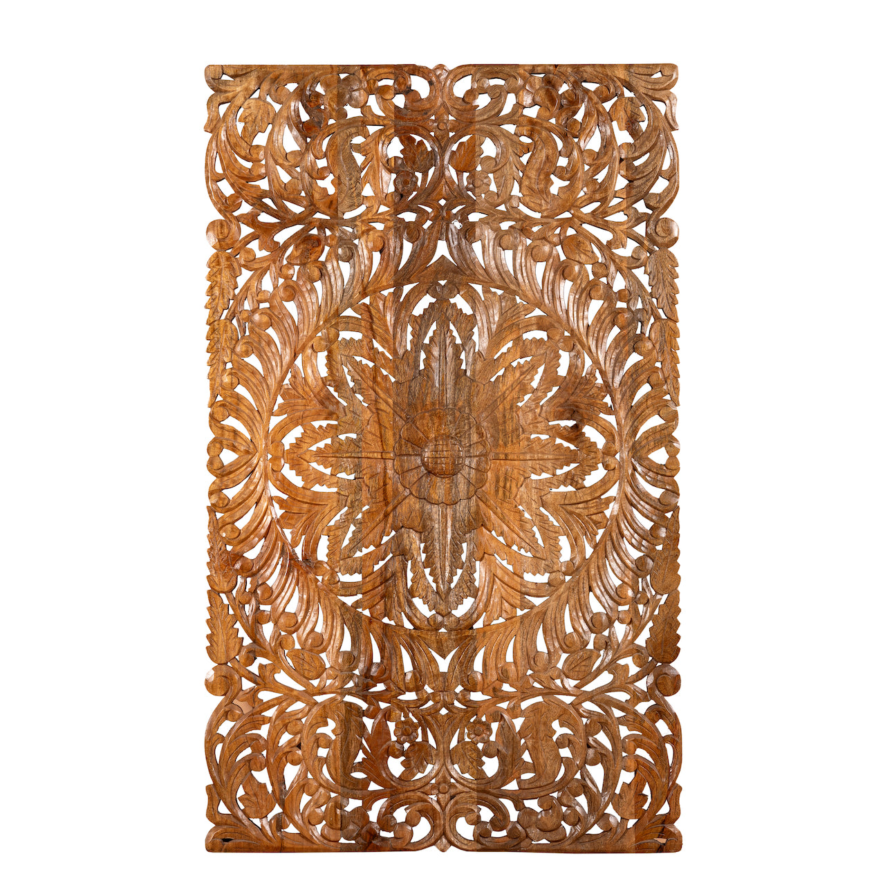 White background image of a hand-carved mango wood wall panel with floral motifs in natural finish – Arvavasu model by Om Home & Garden