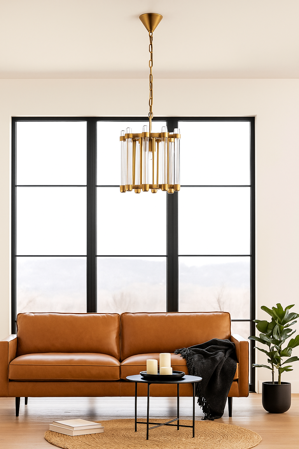 Lifestyle image of a Round antique brass iron and glass pendant light with test tube shade – minimalistic pendant light ideal for soft glass lighting in bedrooms, kitchens, or entryways.