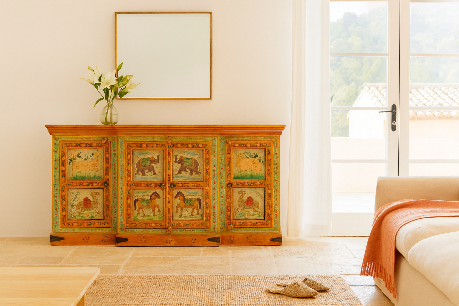 Lifestyle imagination of a hand-painted reclaimed wood sideboard with Indian god motifs; unique hand painted furniture and Indian furniture online, 177 × 92 × 51 cm.