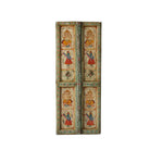 White background image of a Aum hand-painted teak door panel featuring Goddess Lakshmi and traditional dancers, framed by leafy green carvings—a spiritual and unique Indian wall decoration repurposed from antique teak architecture.