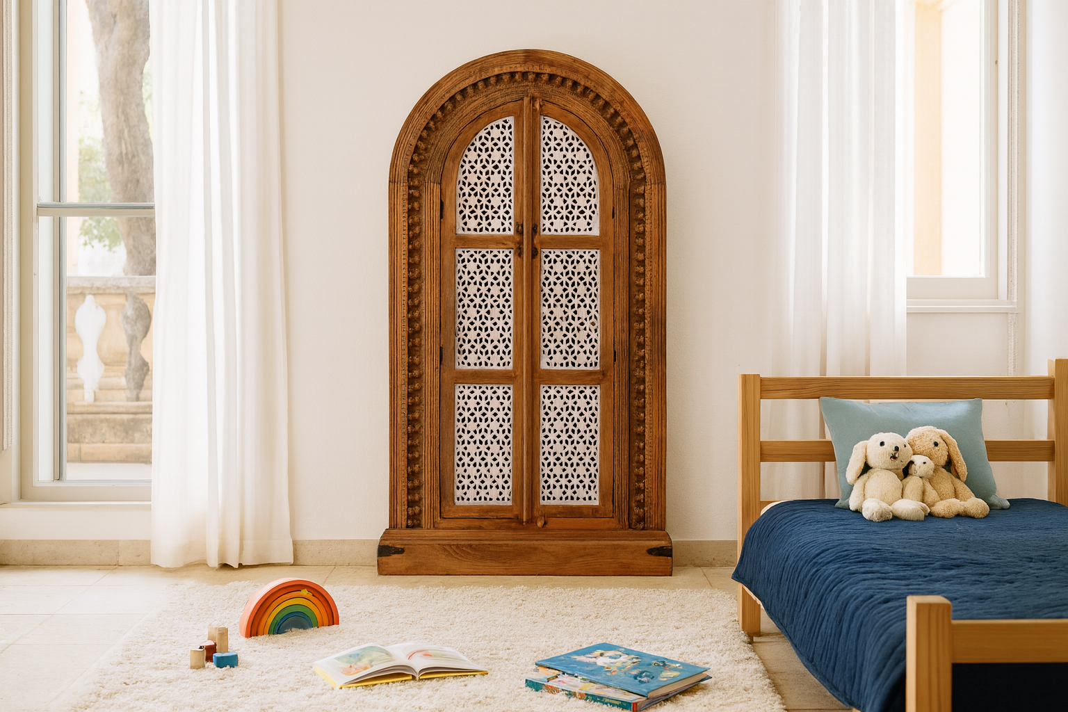 Lifestyle image of a handcrafted carved wooden wardrobe in half-round design with whitewashed lattice panels – bedroom furniture with Mediterranean flair and artistic detail.