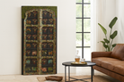 Lifestyle image of a Ayandh hand-painted teak door panel featuring sacred animal motifs and folk figures with a weathered floral frame—a vibrant example of teak door panels and unique Indian wall decoration.