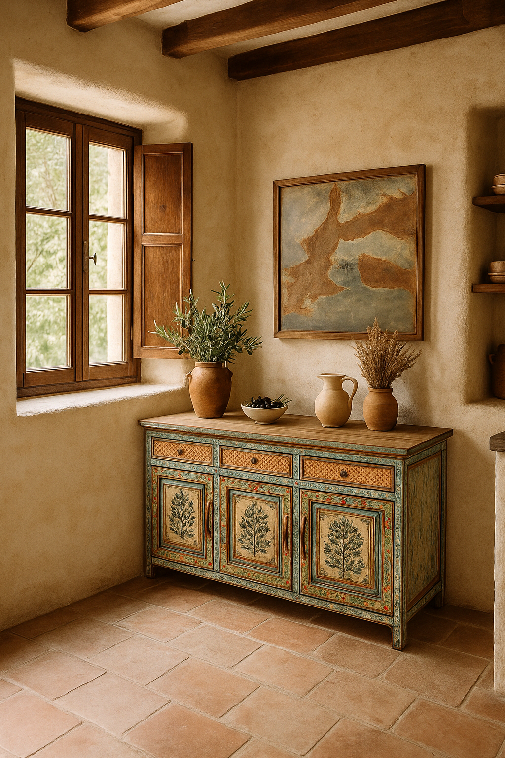 Nestled corner of a rustic room with a wooden sideboard, window, and wall art.