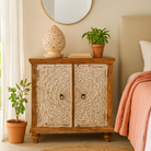 Lifestyle imagination of a carved wood furniture cupboard with white-washed engraved doors and mango wood body, 90 × 90 × 40 cm.