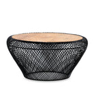 White background image of a large round metal base coffee table with recycled wooden top and woven iron base; minimalistic style coffee table, 100 cm diameter, 45 cm height.