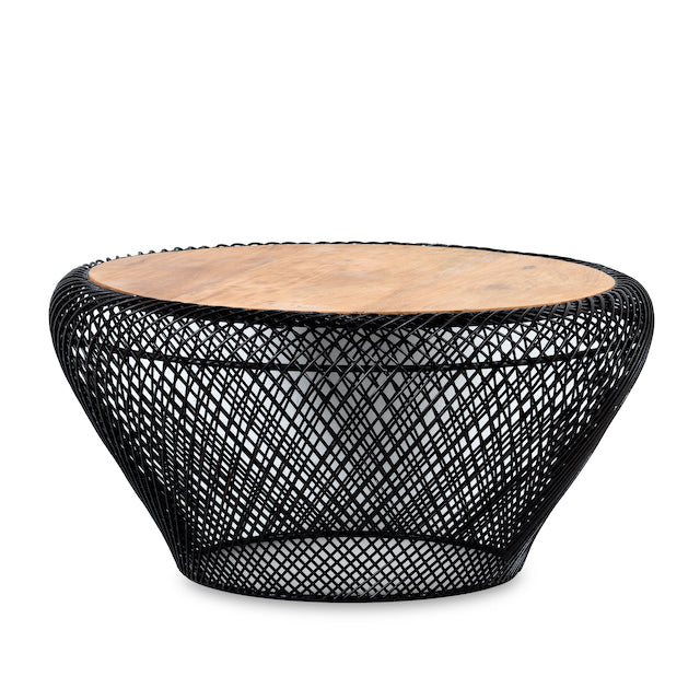 White background image of a large round metal base coffee table with recycled wooden top and woven iron base; minimalistic style coffee table, 100 cm diameter, 45 cm height.