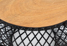 Close up image of a round metal base coffee table with recycled wooden top and woven iron frame; minimalistic style coffee table, 58 cm diameter, 45 cm height.