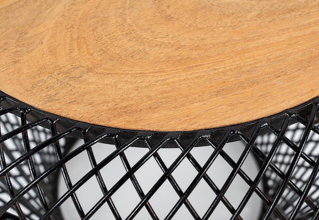 Close up image of a round metal base coffee table with recycled wooden top and woven iron frame; minimalistic style coffee table, 58 cm diameter, 45 cm height.