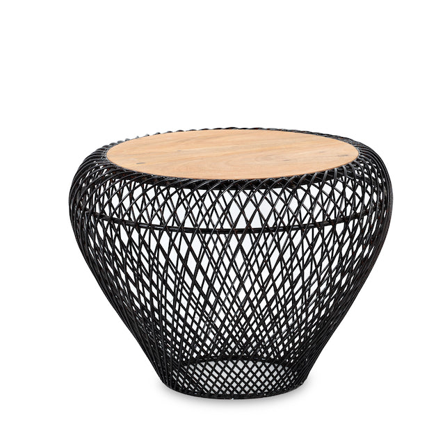 White background image of a round metal base coffee table with recycled wooden top and woven iron frame; minimalistic style coffee table, 58 cm diameter, 45 cm height.