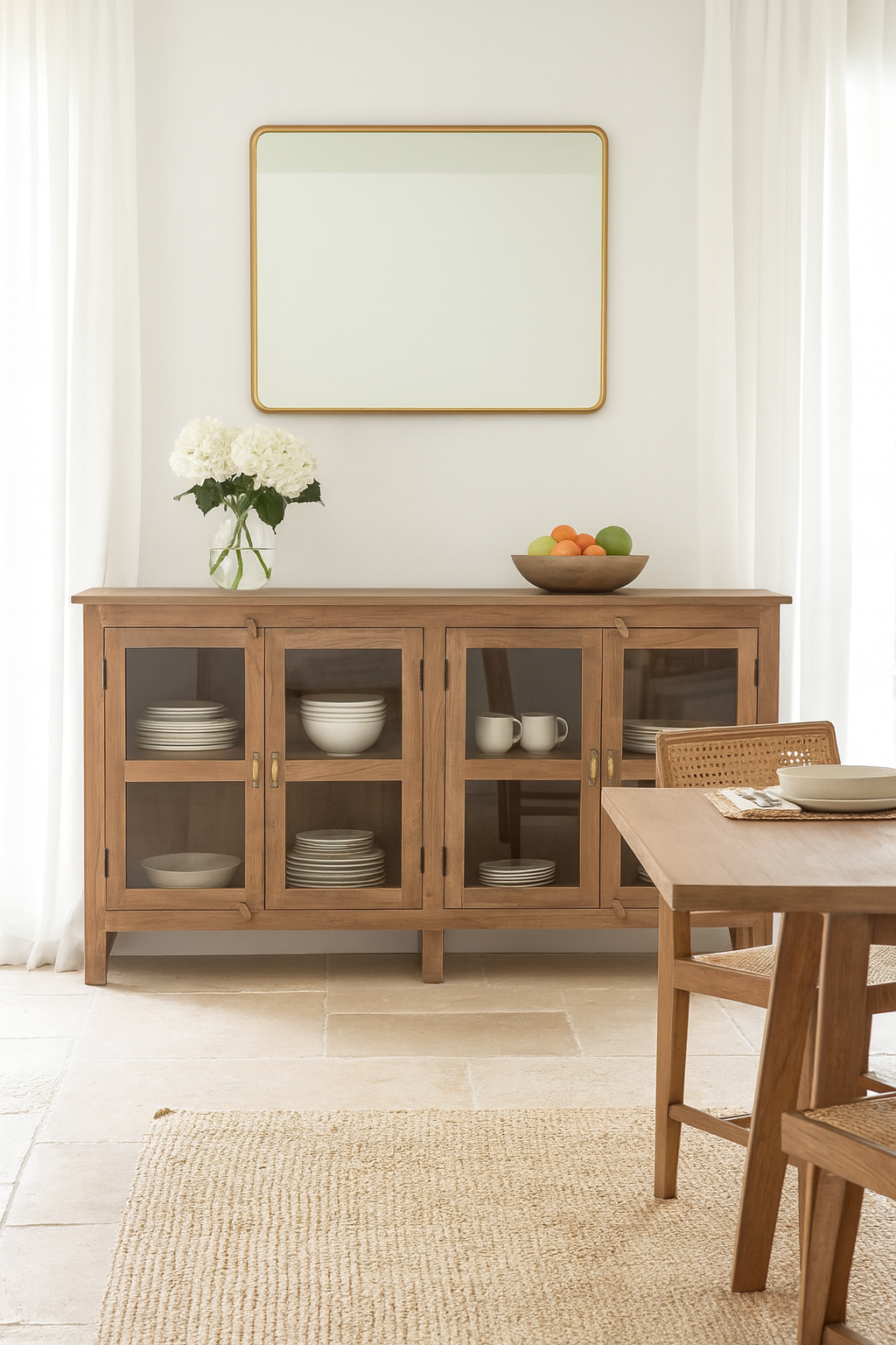 Lifestyle image of a reclaimed wood dresser with four glass doors, teak wood showcase cabinet with brass handles and wooden latches, 170 × 40 × 90 cm.
