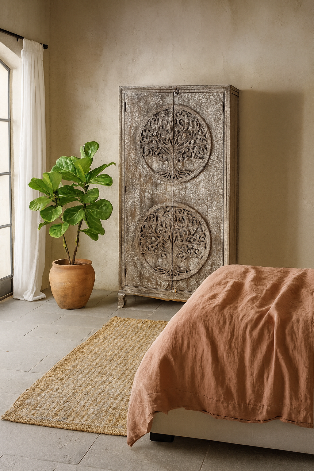 Lifestyle imagination of a vintage style wardrobe with Tree of Life design, hand-carved mango wood furniture with four storage compartments, 90 × 40 × 180 cm.