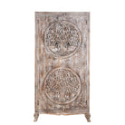 White background image of a vintage style wardrobe with Tree of Life design, hand-carved mango wood furniture with four storage compartments, 90 × 40 × 180 cm.
