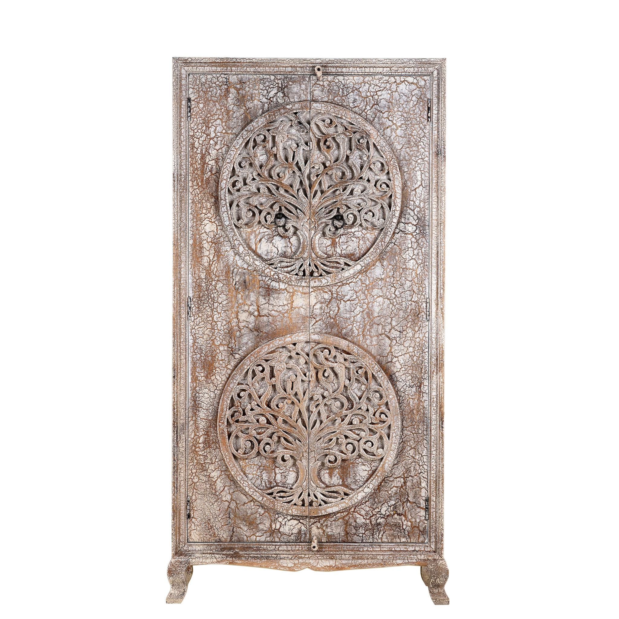 White background image of a vintage style wardrobe with Tree of Life design, hand-carved mango wood furniture with four storage compartments, 90 × 40 × 180 cm.
