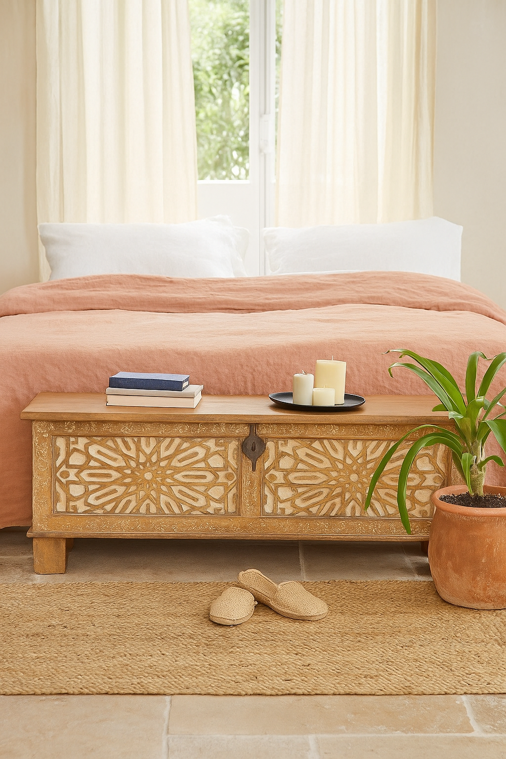 Lifestyle image of a hand-carved mango wood vintage chest with floral carvings – Mediterranean-style storage chest for living rooms, bedrooms, or bathrooms.