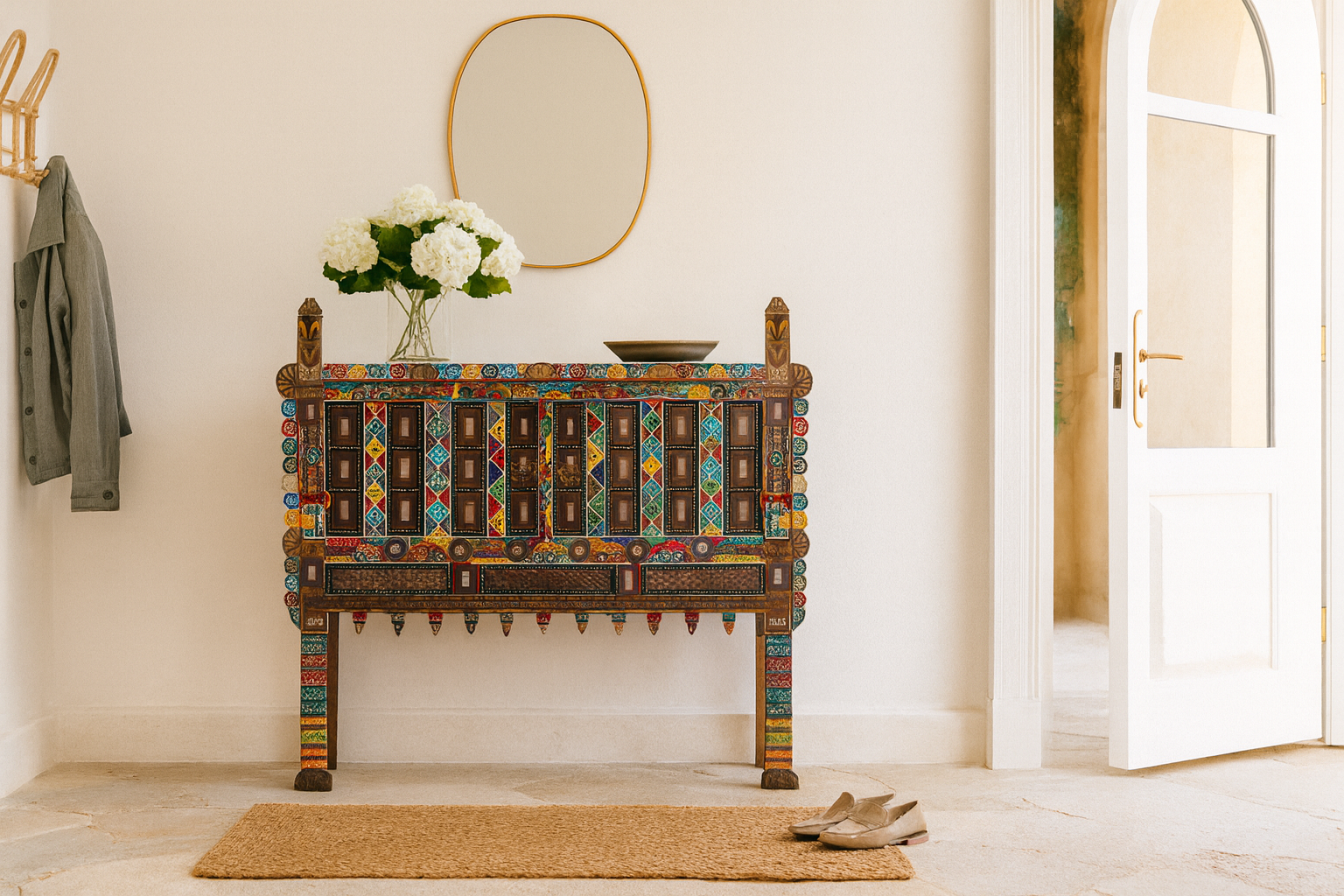 Lifestyle image of a restored antique Indian Damchia chest crafted from teak wood with original paint, metal fittings, and mirror inlays—an authentic piece of unique Indian furniture for traditional or bohemian interiors.