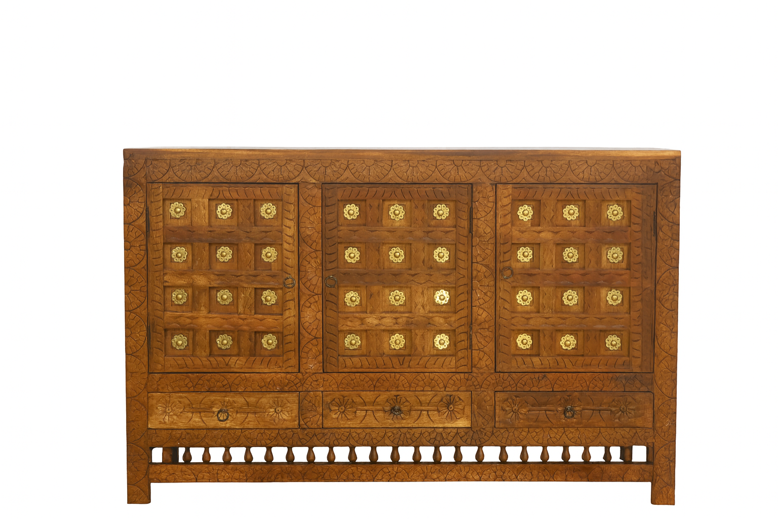 White background image of a handcrafted traditional sideboard made from mango wood with Indian carvings and brass inlay; Indian furniture, 150 × 100 × 40 cm.