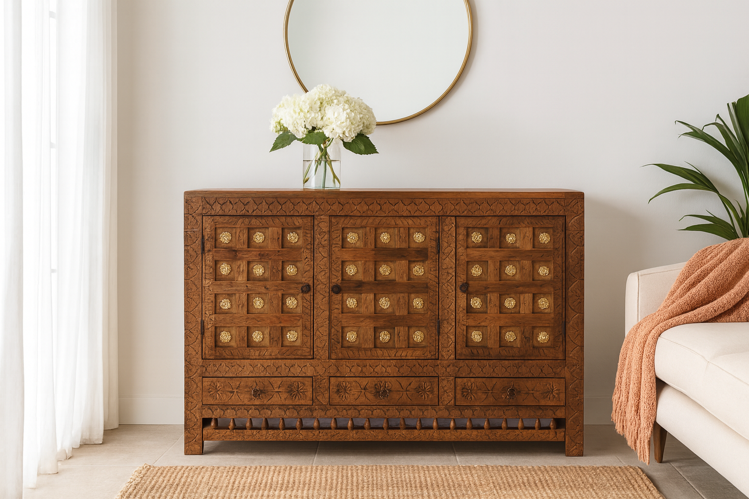 Lifestyle image of a handcrafted traditional sideboard made from mango wood with Indian carvings and brass inlay; Indian furniture, 150 × 100 × 40 cm.