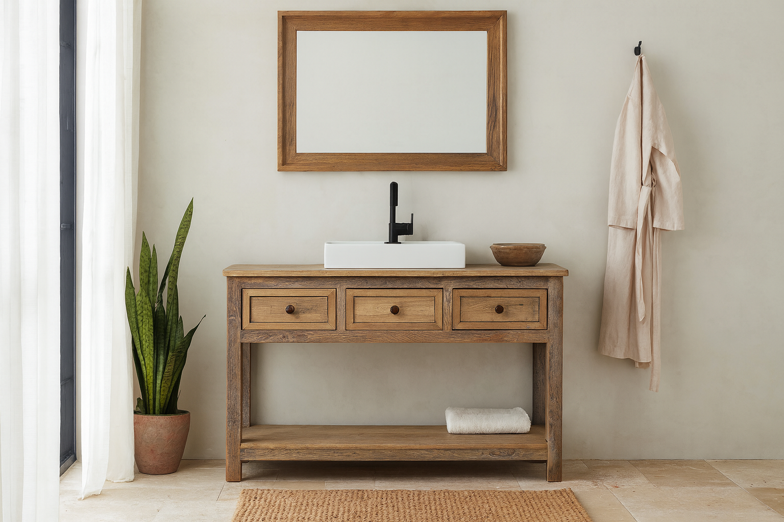 Lifestyle imagination of a sandblasted reclaimed wood bathroom console table with 3 drawers and open shelf; sustainable furniture, 120 × 50 × 80 cm.