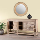 Image with open drawers of a sandblasted mango wood console table with 4 doors and 3 drawers; Mediterranean-style vintage entryway table, water-protected surface, 200 × 42 × 100 cm.