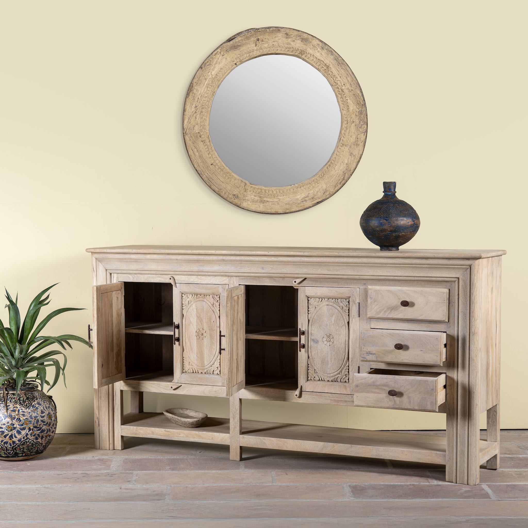 Image with open drawers of a sandblasted mango wood console table with 4 doors and 3 drawers; Mediterranean-style vintage entryway table, water-protected surface, 200 × 42 × 100 cm.