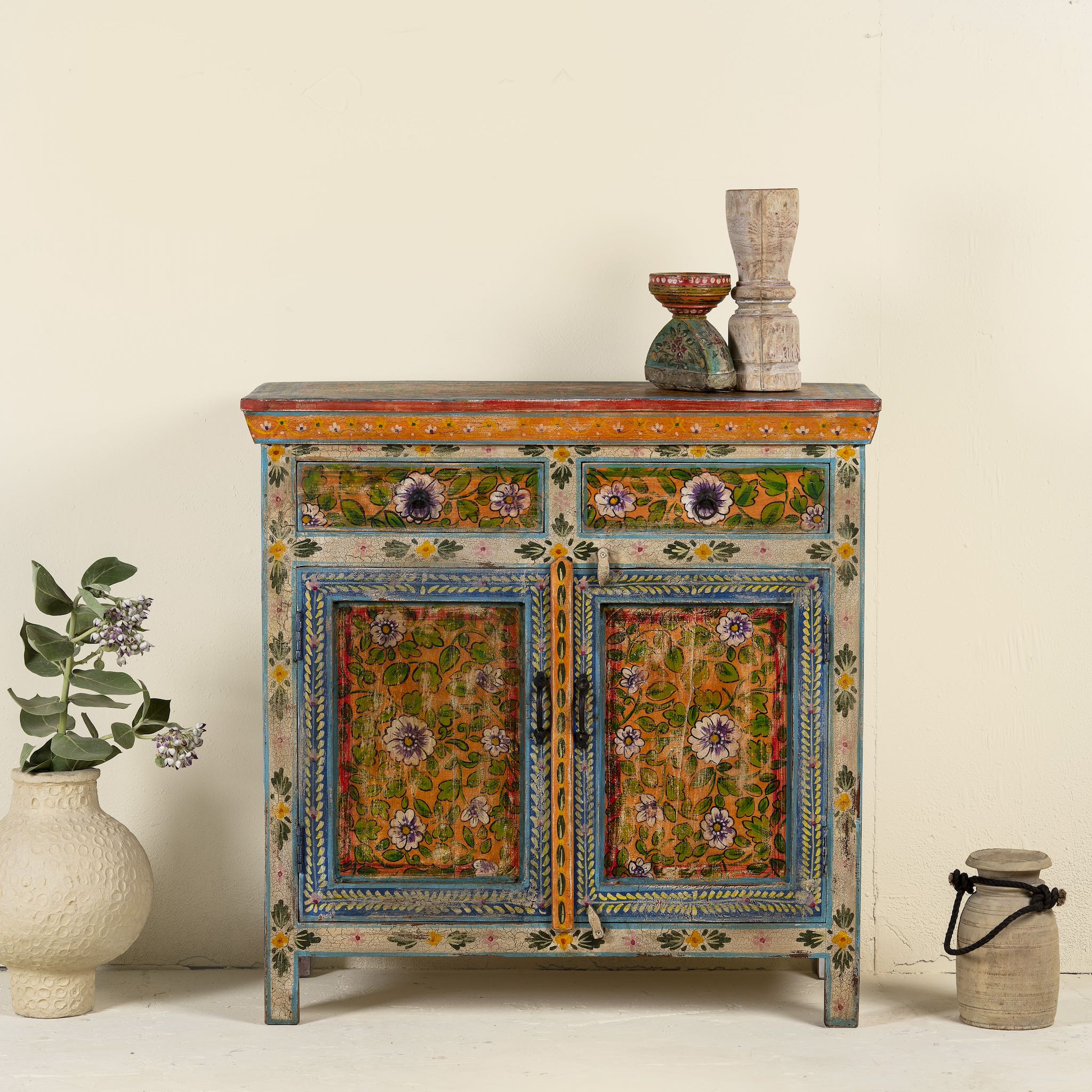 Antique indian wooden cabinet with flashy hand-paintings – Om Home \u0026 Garden, image size:2048x2048
