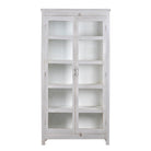 White background image of a shabby chic teak wood cabinet with glass doors and five compartments – sustainable living room furniture crafted from refurbished old teak with rustic white finish.
