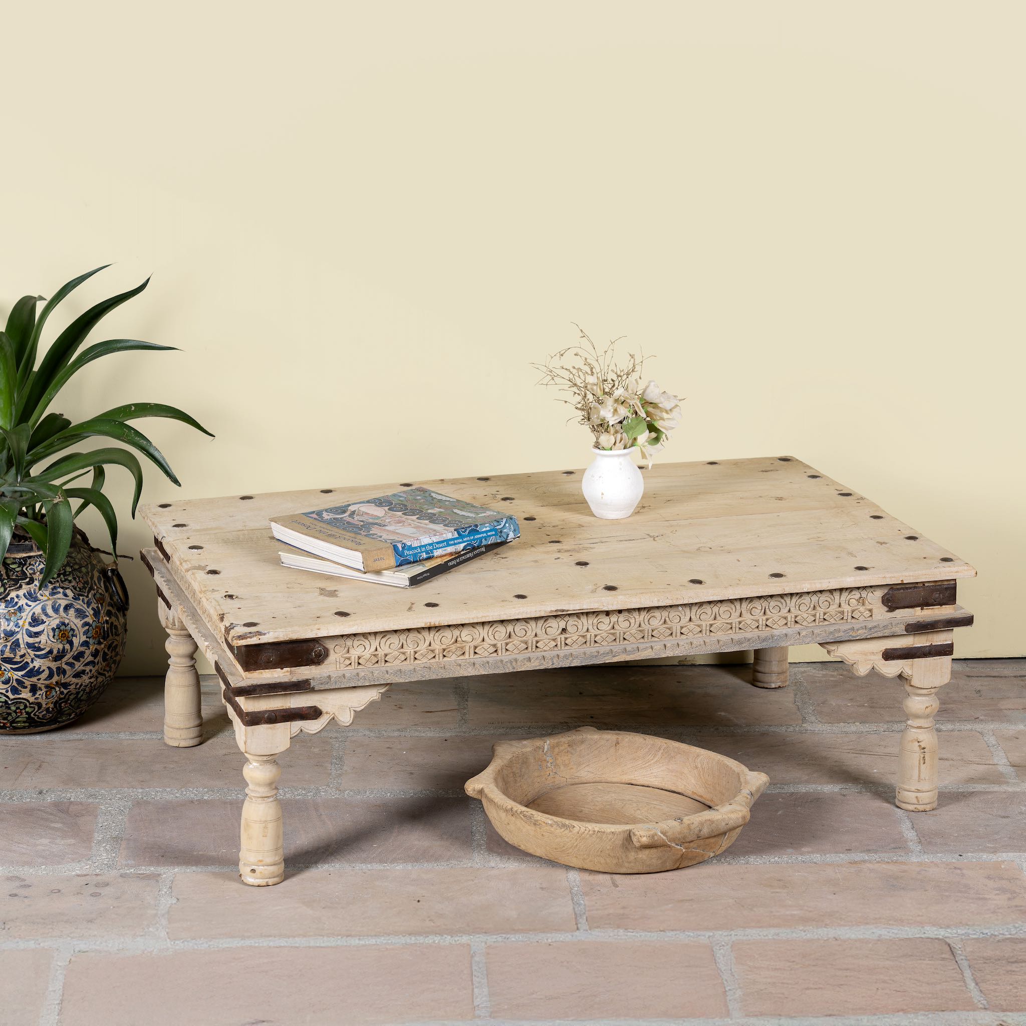 Ibiza style coffee table teak wood, reclaimed teak with carved details; sustainable Indian coffee table, 122 × 77 × 44 cm.