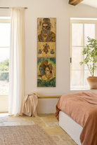 Lifestyle scene with a hand-painted vintage door panel measuring 52x3x152 cm, featuring detailed depictions of Hindu deities—Hanuman at the top, a divine scene with attendants in the center, and a serene portrayal of Lord Shiva with Parvati at the bottom—rendered on distressed wood for a timeworn, sacred aesthetic.
