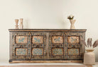 Hand-painted teak wood sideboard Deepika, inspired by Indian home decor with elephants, horses, and floral motifs, bohemian interior furniture, 220 × 44 × 98 cm.