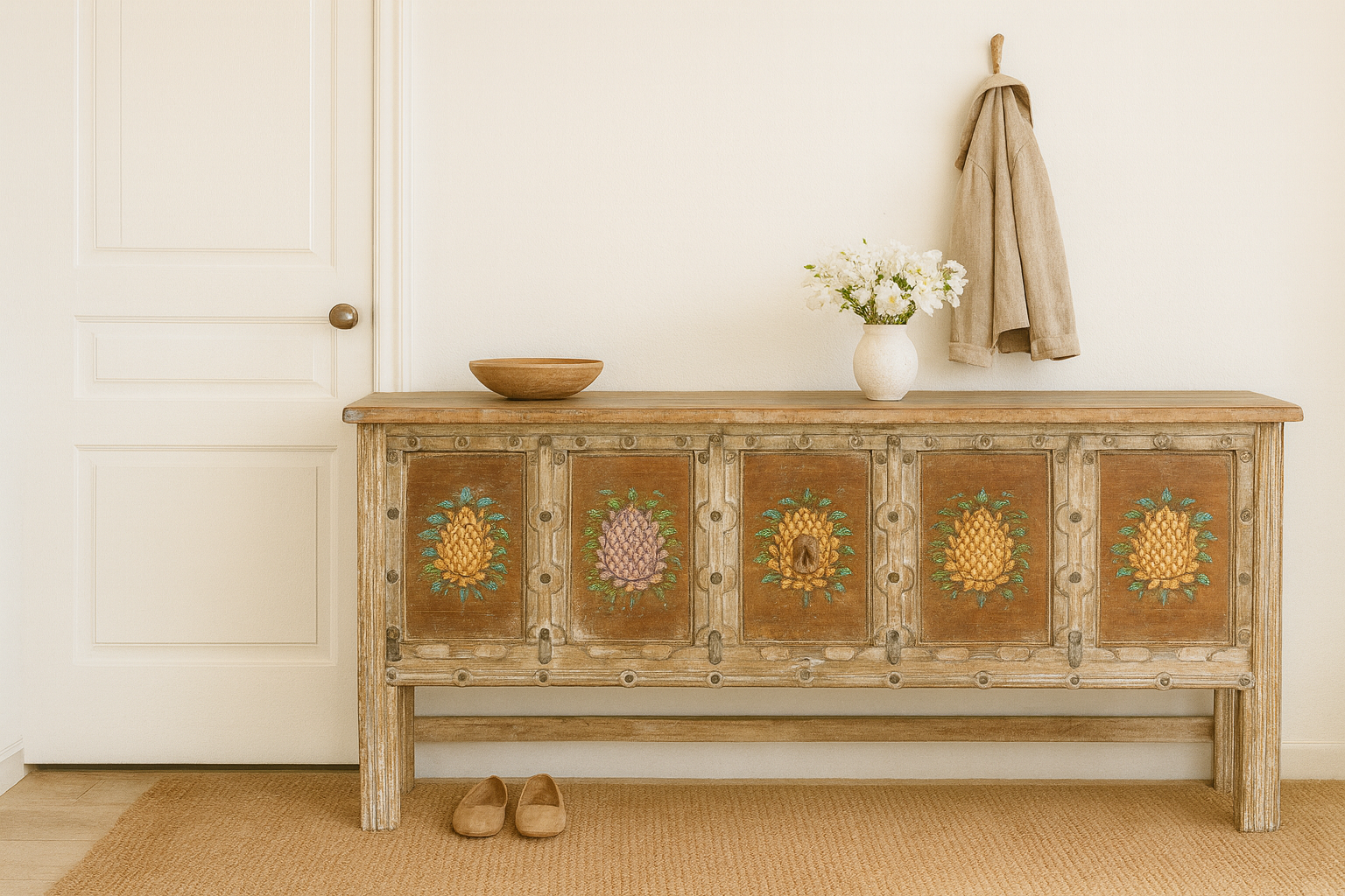 Lifestyle imagination of a Teak wood console table made from recycled antique house parts with hand-painted front; sustainable furniture, 183 × 85 × 42 cm.