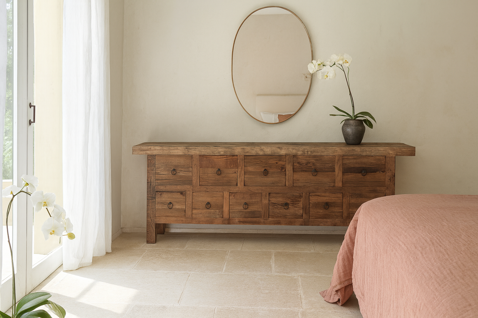 Lifestyle imagination of a reclaimed wood console table with rustic finish, multiple drawers, and iron ring pulls; sustainable furniture with driftwood charm, 250 × 40 × 85 cm.