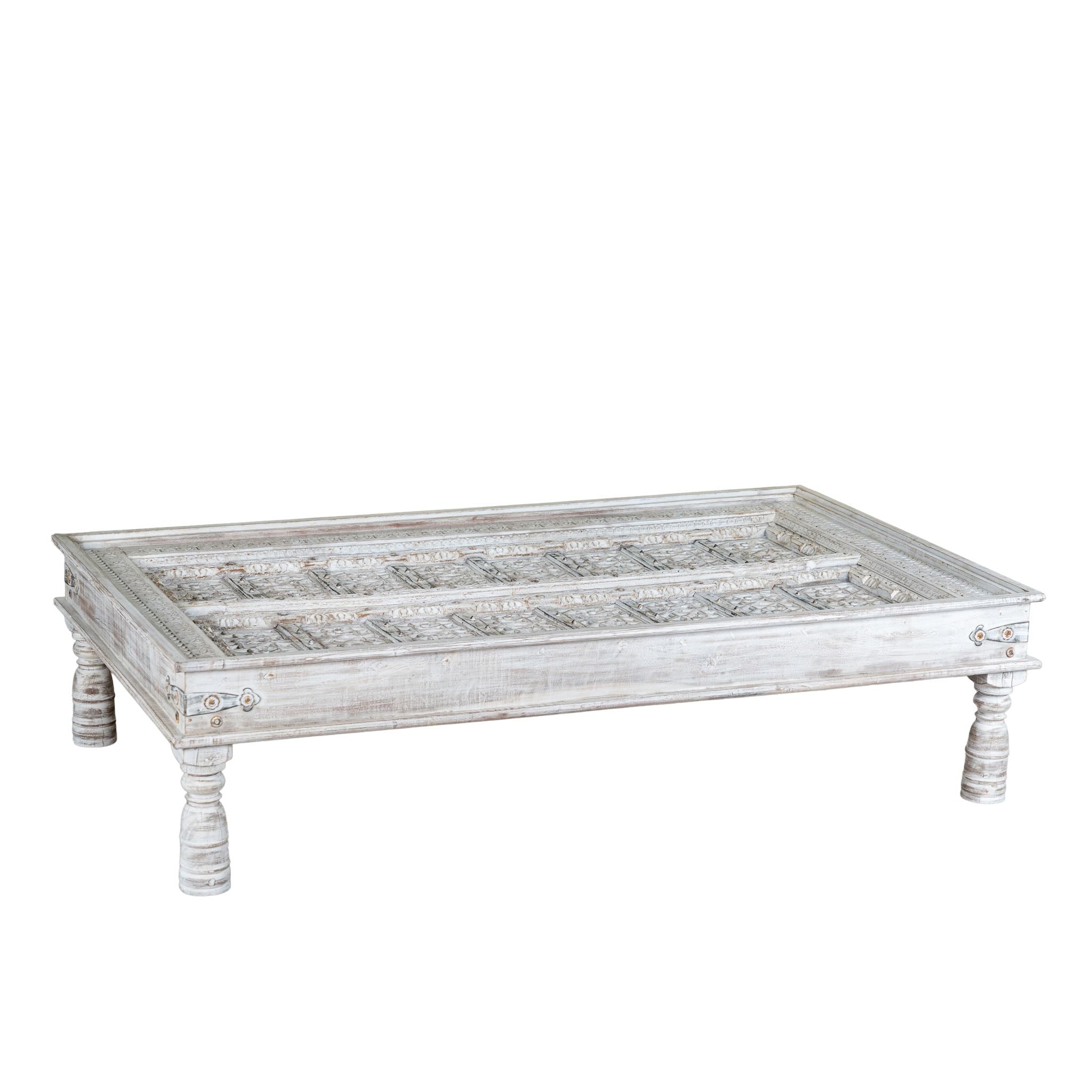 White background image of a of a white washed old door coffee table made of antique teak wood; handcrafted Indian coffee table, 185 × 109 × 46 cm.