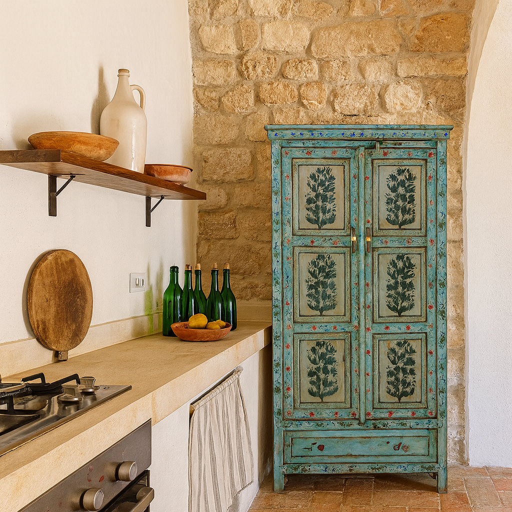 Vintage-style kitchen with a blue cabinet featuring green floral patterns, stone wall, and wooden countertop.