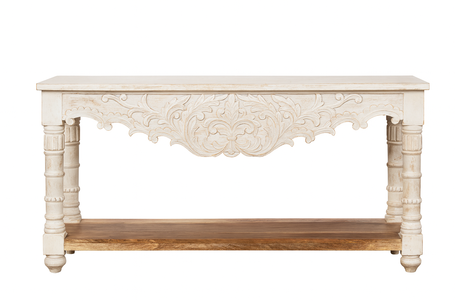 White background image of a hitewashed hand-carved mango wood console table with floral motifs; vintage-style slim console table for entryways or living spaces, 150 × 75 × 40 cm.