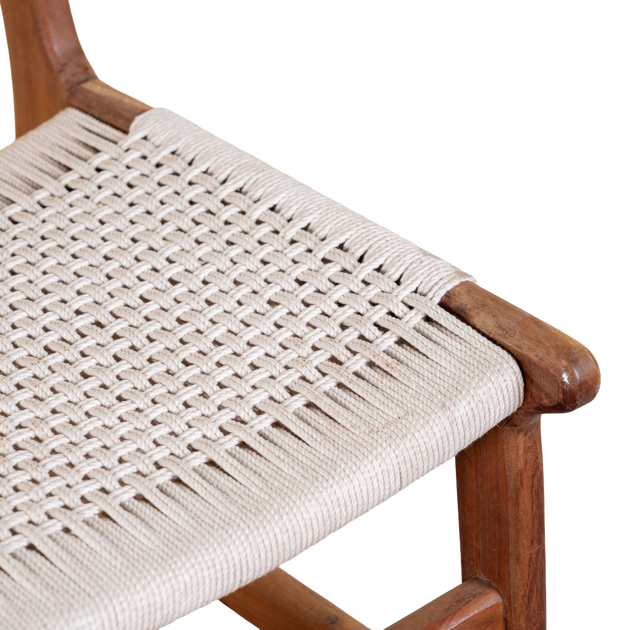 Close up image of a Dwaraka Akcacia wood chair with hand-woven cotton rope seat and backrest—an elegant piece of wooden seating and part of our artisan acacia wood chairs collection.