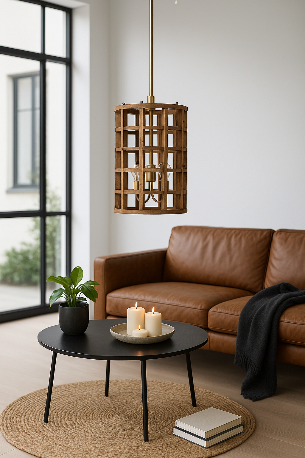 Lifestyle image of a wooden vintage ceiling lamp made of natural mango wood with brass-clad edges and a grid design – elegant mango wood lighting for kitchens, dining rooms, or living spaces.