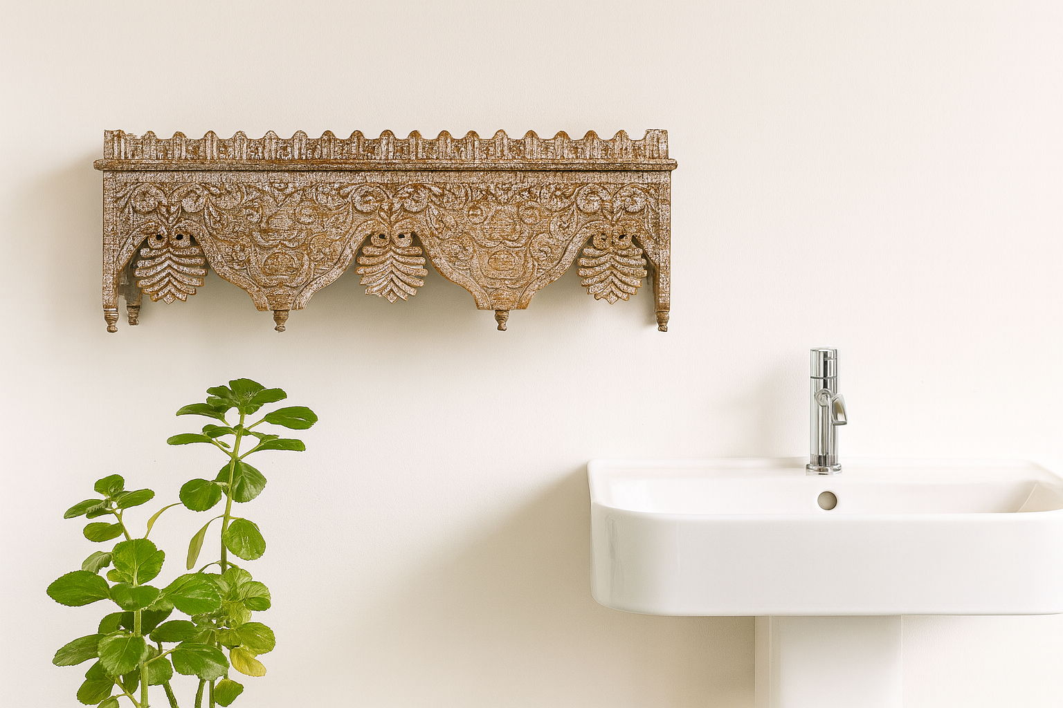 Lifestyle imagination of a carved mango wood shelf in distressed vintage finish; artisanal furniture and vintage home decor, 90 × 25 × 30 cm.