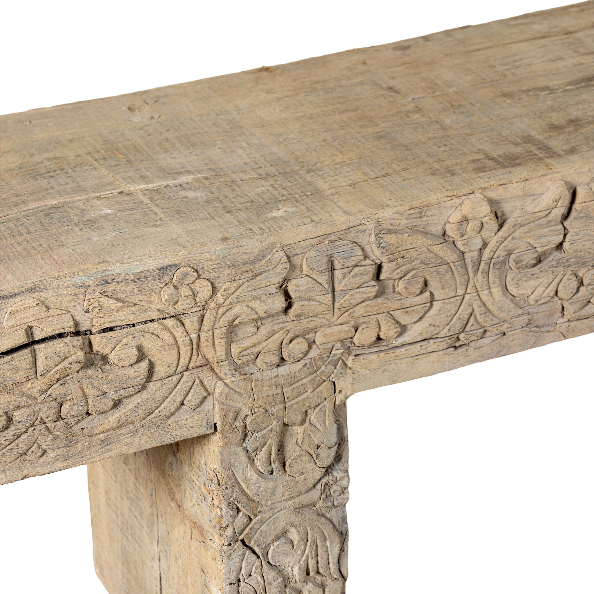 Close up image f a reclaimed teak wood bench with hand-carved details; rustic teak wood benches for dining, hallway, or bedroom use, 180 × 30 × 40 cm.