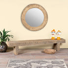 Reclaimed teak wood bench with hand-carved details; rustic teak wood benches for dining, hallway, or bedroom use, 180 × 30 × 40 cm.