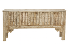 White background image of a vintage teak wood console table with folding front and rustic finish; handcrafted from reclaimed wood, 156 × 42 × 82 cm.