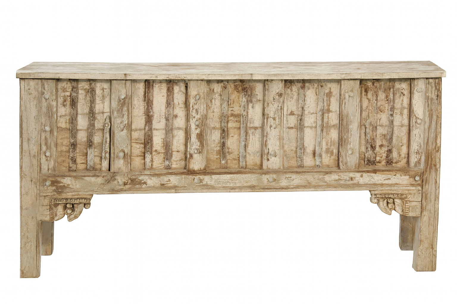 White background image of a vintage teak wood console table with folding front and rustic finish; handcrafted from reclaimed wood, 156 × 42 × 82 cm.