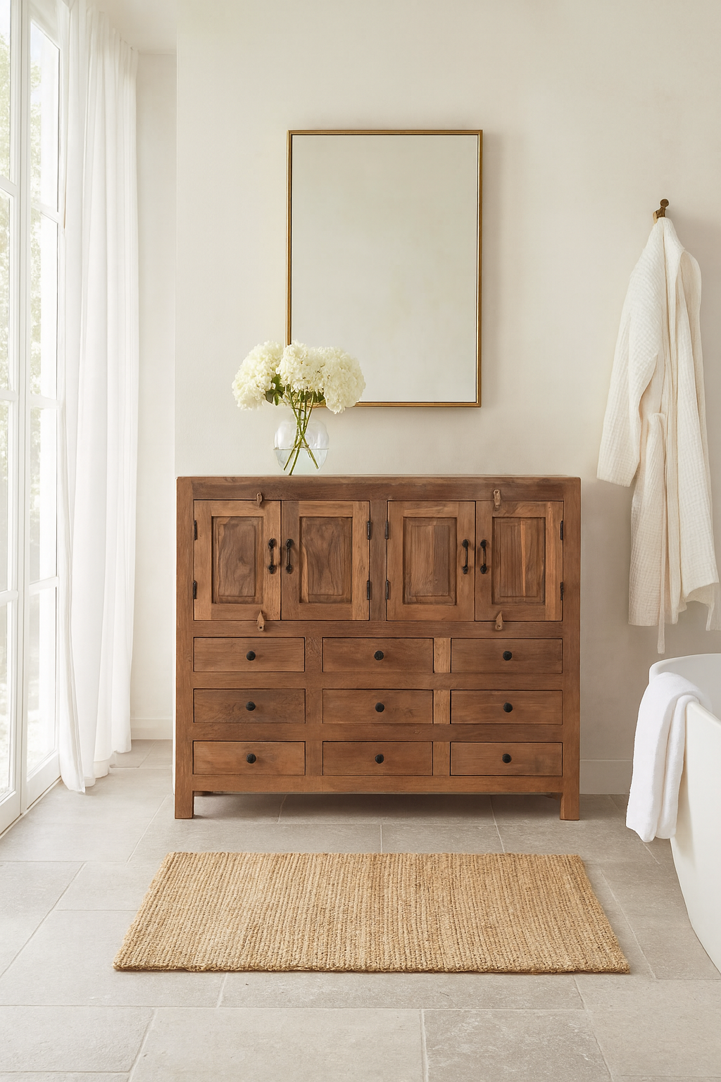 Lifestyle imagination of a sustainable furniture teak sideboard made from reclaimed old teak wood in Ibiza style, 120 × 40 × 100 cm.