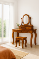 Lifestyle imagination of a wooden dressing table with mirror and matching chair, handcrafted mango wood table with drawers; vintage bedroom furniture, 110 × 50 × 145 cm.