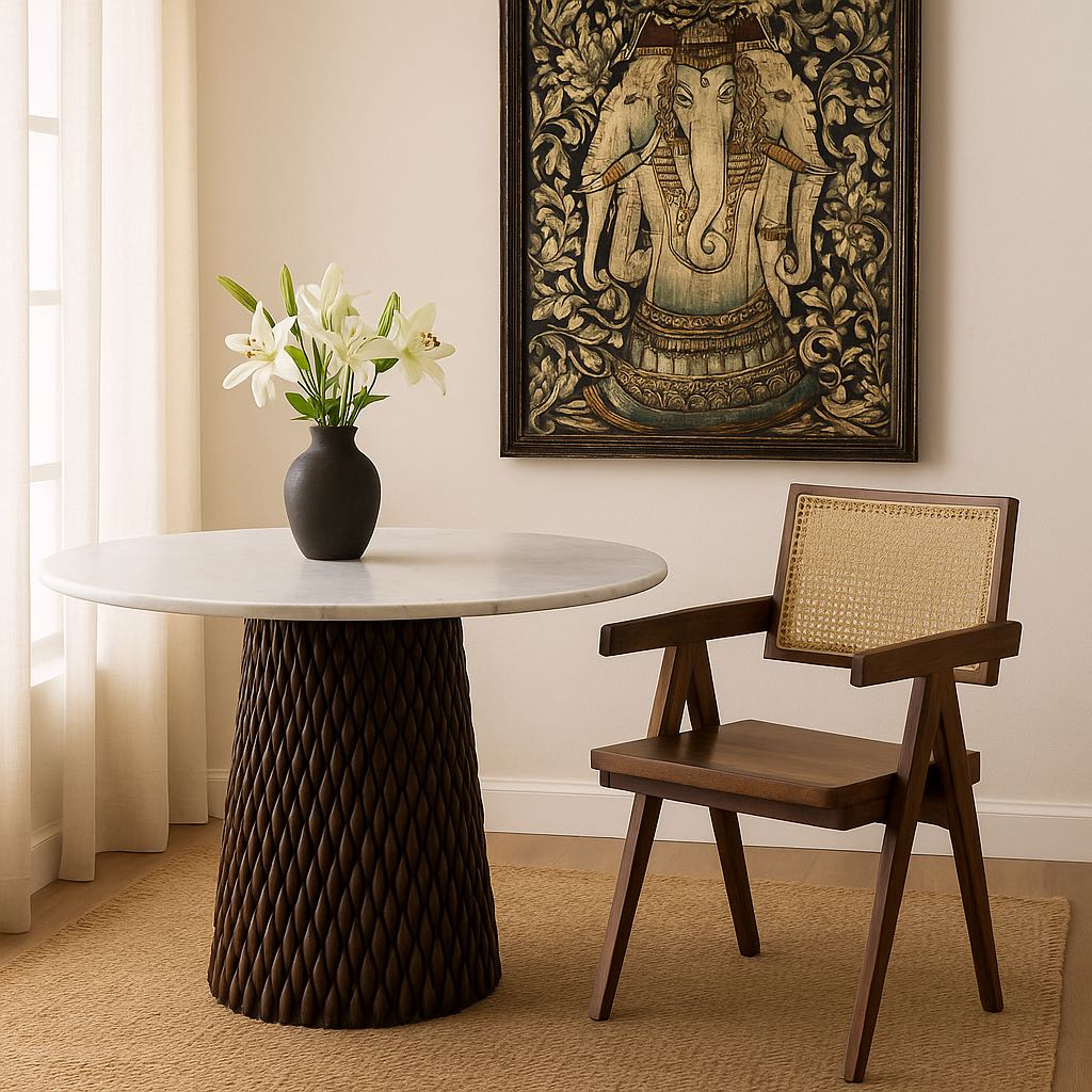 Lifestyle imagination of a Hand-painted wall panel made from old teak wood, featuring an intricate depiction of Lord Ganesh in vibrant earthy tones, surrounded by ornate floral patterns, showcasing traditional Indian artistry and spiritual symbolism.
