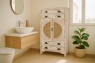 Handcrafted mango wood cabinet with rattan doors and carvings, living room furniture in whitewashed finish, 80 × 148 × 40 cm.