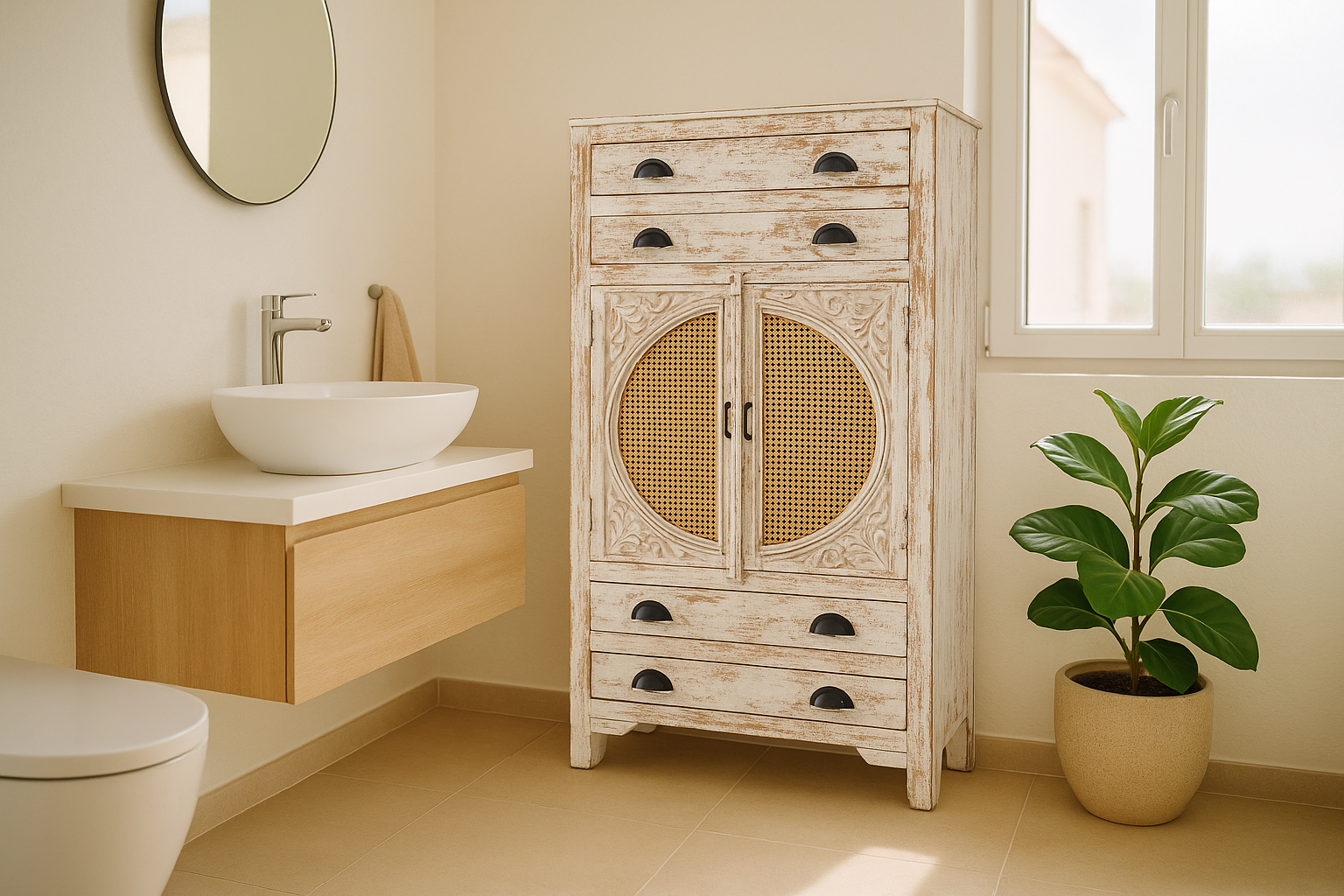 Handcrafted mango wood cabinet with rattan doors and carvings, living room furniture in whitewashed finish, 80 × 148 × 40 cm.