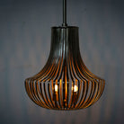 Lighted version of a large nickel-plated iron frame pendant light with pot-shaped silhouette – rustic style lighting ideal for kitchens, dining areas, and modern interiors.