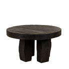 White background picture of a rustic minimalistic style black coffee table made of reclaimed wood in a living room scene.