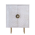 White background image of a carved wood furniture cupboard in white mango wood with hammered pattern, brass iron base, 88 × 43 × 122 cm.