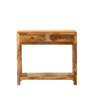 White background image of a Ibiza style reclaimed wood console table with two drawers and bottom shelf, warm natural finish, 100 × 40 × 90 cm.
